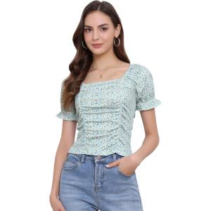 imageAllegra K Smocked Crop Top for Womens Slim Fit Floral Peasant BlouseCyan