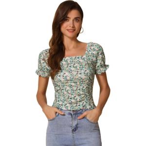 imageAllegra K Smocked Crop Top for Womens Slim Fit Floral Peasant BlouseDusty Green