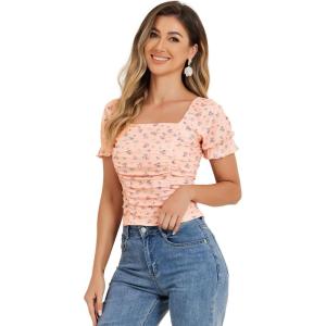 imageAllegra K Smocked Crop Top for Womens Slim Fit Floral Peasant BlouseOrange Pink