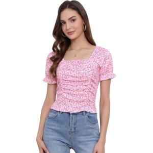 imageAllegra K Smocked Crop Top for Womens Slim Fit Floral Peasant BlousePink