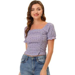 imageAllegra K Smocked Crop Top for Womens Slim Fit Floral Peasant BlousePurple