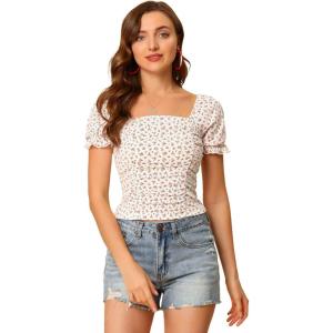 imageAllegra K Smocked Crop Top for Womens Slim Fit Floral Peasant BlouseWhite