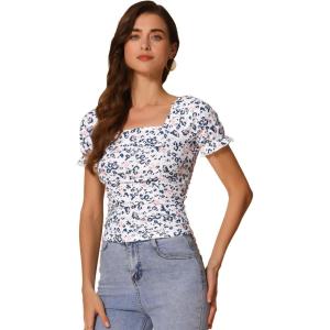 imageAllegra K Smocked Crop Top for Womens Slim Fit Floral Peasant BlouseWhite Blue