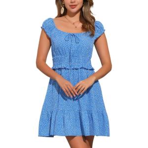 imageAllegra K Summer Boho Dress for Womens 2025 Smocked Ruffle Floral Dresses Cap Sleeve Tiered Mini DressBlue