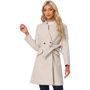 imageAllegra K Winter Pea Coat for Womens Classic Outwear Stand Collar Wrap Belted Trench CoatsBeige