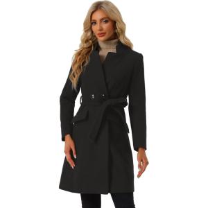 imageAllegra K Winter Pea Coat for Womens Classic Outwear Stand Collar Wrap Belted Trench CoatsBlack