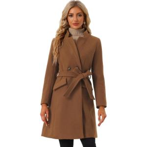 imageAllegra K Winter Pea Coat for Womens Classic Outwear Stand Collar Wrap Belted Trench CoatsBrown