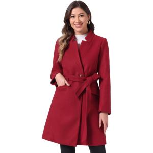 imageAllegra K Winter Pea Coat for Womens Classic Outwear Stand Collar Wrap Belted Trench CoatsDark Red