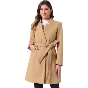 imageAllegra K Winter Pea Coat for Womens Classic Outwear Stand Collar Wrap Belted Trench CoatsKhaki