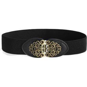 imageAllegra K Women Gold Tone Flower Design Metal Interlocking Buckle Elastic Cinch Belt WaistbeltBlack