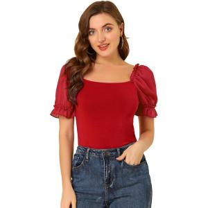 imageAllegra K Womens 2023 Elegant Square Neck Tops Semi Sheer Puff Sleeve BlouseRed