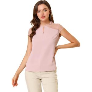 imageAllegra K Womens 2023 Summer Keyhole Neck Ruffle Mesh Sheer Lace Panel Elegant Blouse TopPink