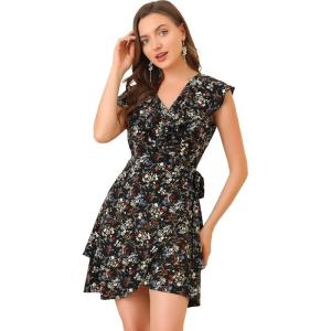 imageAllegra K Womens Boho Floral Wrap V Neck Ruffle Hem Sleeveless Mini Tulip DressBlack