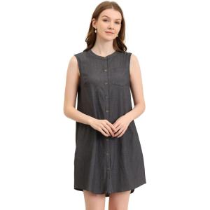 imageAllegra K Womens Button Up Shirtdress Sleeveless Tunic Denim Chambray Dress with PocketWashed Black