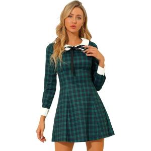 imageAllegra K Womens Christmas Peter Pan Collar Long Sleeve Mini Plaid Tartan DressGreen