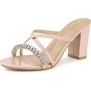 imageAllegra K Womens Crisscross Strap Rhinestone Block Heel Slide SandalsBeige