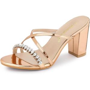 imageAllegra K Womens Crisscross Strap Rhinestone Block Heel Slide SandalsRose Gold