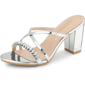 imageAllegra K Womens Crisscross Strap Rhinestone Block Heel Slide SandalsSilver