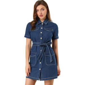 imageAllegra K Womens Denim Jean Dress 2024 Summer Casual Collared Belted Button Down Denim Shirt DressesDark Blue