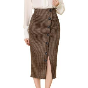 imageAllegra K Womens Elegant Houndstooth Elastic Waist Straight Split Midi SkirtBrown