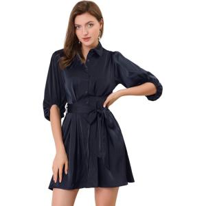 imageAllegra K Womens Elegant Satin Dresses Pleated Waist ALine Belted Puff Sleeve Shirt DressDark Blue