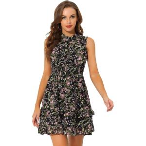 imageAllegra K Womens Floral Chiffon Dresses Smocked Mini Sleeveless ALine DressBlack