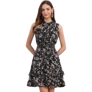 imageAllegra K Womens Floral Chiffon Dresses Smocked Mini Sleeveless ALine DressBlack Orange