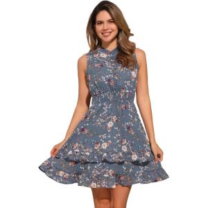 imageAllegra K Womens Floral Chiffon Dresses Smocked Mini Sleeveless ALine DressBlue Gray