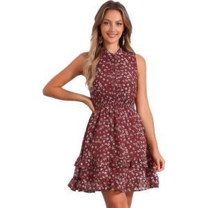 imageAllegra K Womens Floral Chiffon Dresses Smocked Mini Sleeveless ALine DressBurgundy