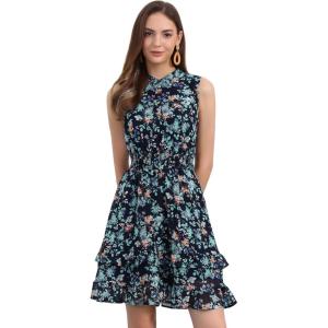 imageAllegra K Womens Floral Chiffon Dresses Smocked Mini Sleeveless ALine DressDark Blue