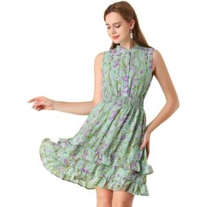 imageAllegra K Womens Floral Chiffon Dresses Smocked Mini Sleeveless ALine DressGreen