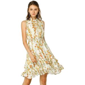 imageAllegra K Womens Floral Chiffon Dresses Smocked Mini Sleeveless ALine DressWhite