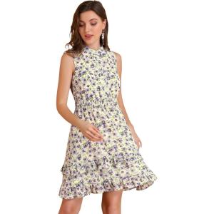 imageAllegra K Womens Floral Chiffon Dresses Smocked Mini Sleeveless ALine DressYellow Purple