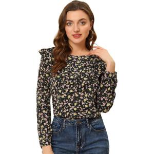 imageAllegra K Womens Floral Printed Top Long Sleeve Round Neck Ruffle Collar BlouseBlack