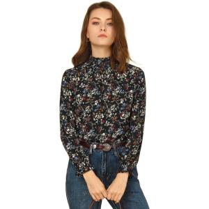 imageAllegra K Womens Floral Ruffled Vintage Boho Long Sleeve Mock Neck BlouseBlack