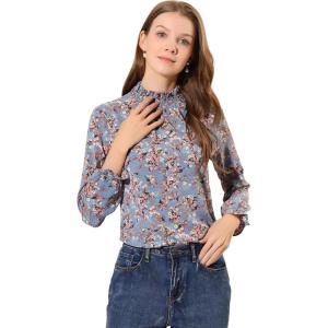 imageAllegra K Womens Floral Ruffled Vintage Boho Long Sleeve Mock Neck BlouseBlue Gray