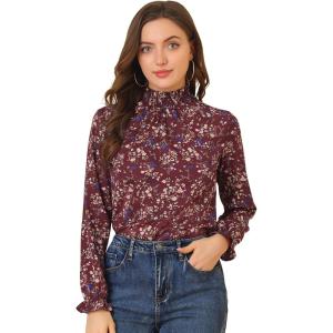 imageAllegra K Womens Floral Ruffled Vintage Boho Long Sleeve Mock Neck BlouseBurgundy