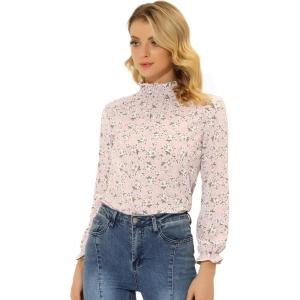 imageAllegra K Womens Floral Ruffled Vintage Boho Long Sleeve Mock Neck BlousePink