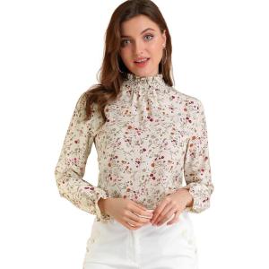 imageAllegra K Womens Floral Ruffled Vintage Boho Long Sleeve Mock Neck BlouseWhite