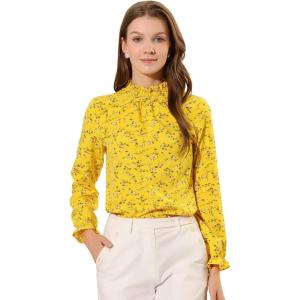 imageAllegra K Womens Floral Ruffled Vintage Boho Long Sleeve Mock Neck BlouseYellow
