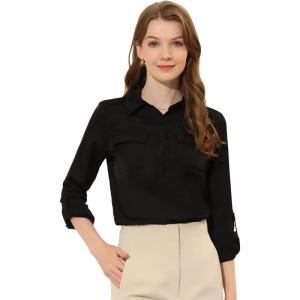 imageAllegra K Womens Lapel Collar Shirt 34 Roll Up Sleeve Button Up Casual Work Blouse TopBlack
