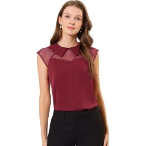 imageAllegra K Womens Peter Pan Collar Blouse Sheer Mesh Panel Short Sleeve Work Top ShirtDark Red