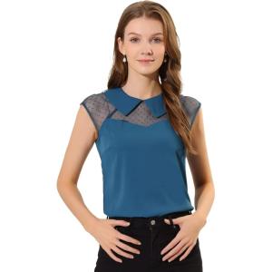 imageAllegra K Womens Peter Pan Collar Blouse Sheer Mesh Panel Short Sleeve Work Top ShirtPeacock Blue