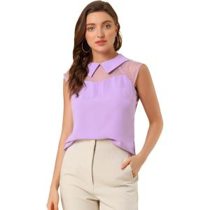 imageAllegra K Womens Peter Pan Collar Blouse Sheer Mesh Panel Short Sleeve Work Top ShirtPurple