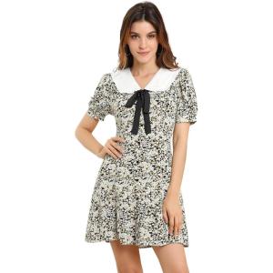 imageAllegra K Womens Peter Pan Collar Dress 2024 Floral Printed Button Bow Tie Short Sleeve Shirt DressesBlack