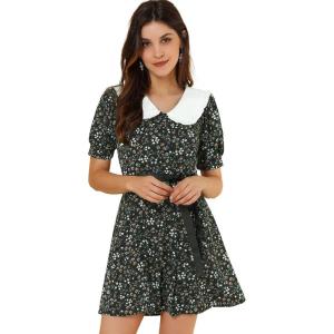 imageAllegra K Womens Peter Pan Collar Dress 2024 Floral Printed Button Bow Tie Short Sleeve Shirt DressesBlack Blue