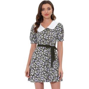 imageAllegra K Womens Peter Pan Collar Dress 2024 Floral Printed Button Bow Tie Short Sleeve Shirt DressesBlackwhite