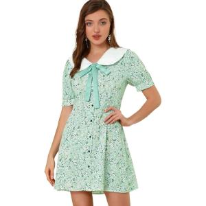 imageAllegra K Womens Peter Pan Collar Dress 2024 Floral Printed Button Bow Tie Short Sleeve Shirt DressesGreen