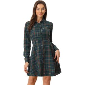imageAllegra K Womens Plaids Button Down Cotton Mini ALine Shirt DressGreen