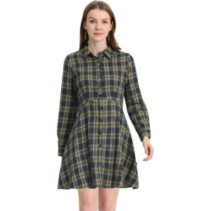 imageAllegra K Womens Plaids Button Down Cotton Mini ALine Shirt DressNavy Blue